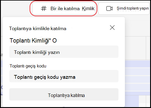 Teams takviminin sağ üst köşesinde toplantı kimliğiyle katıl düğmesini gösteren resim.