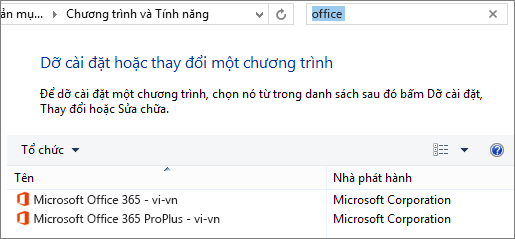 Hiển thị hai bản sao Office đã cài đặt trong Panel điều khiển