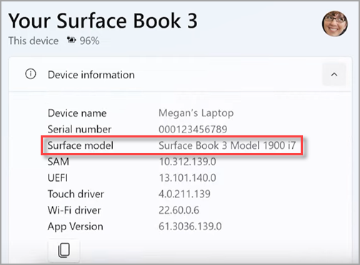 在 Surface 应用中查找 Surface 设备的型号名称。