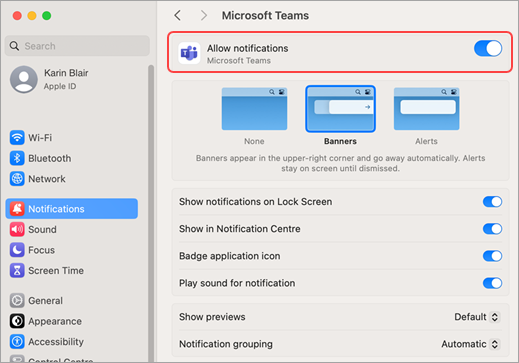 Mac 系統設定允許Microsoft Teams 通知