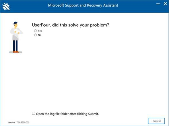 [Microsoft 支援及修復小幫手] 視窗詢問 - <使用者>，這是否解決了您的問題?