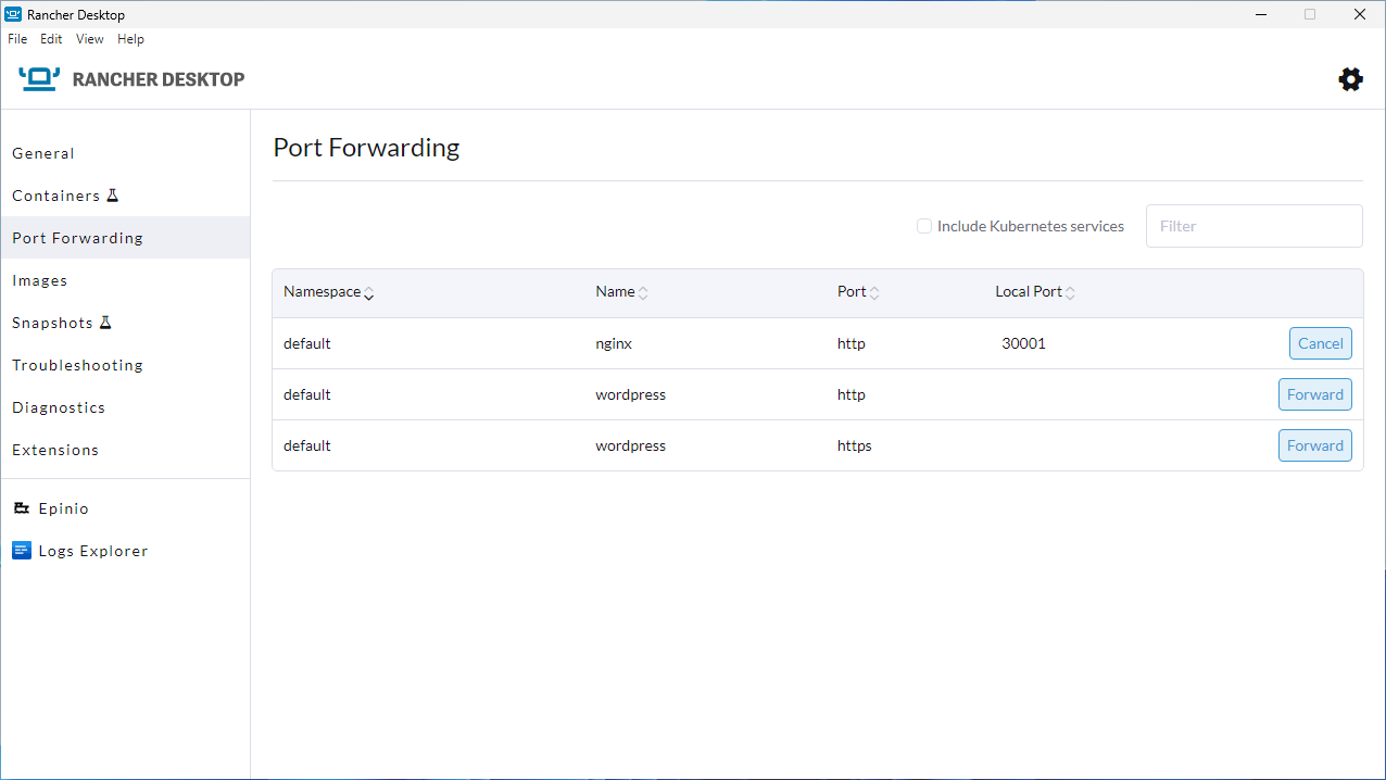 Rancher Desktop port forwarding menu