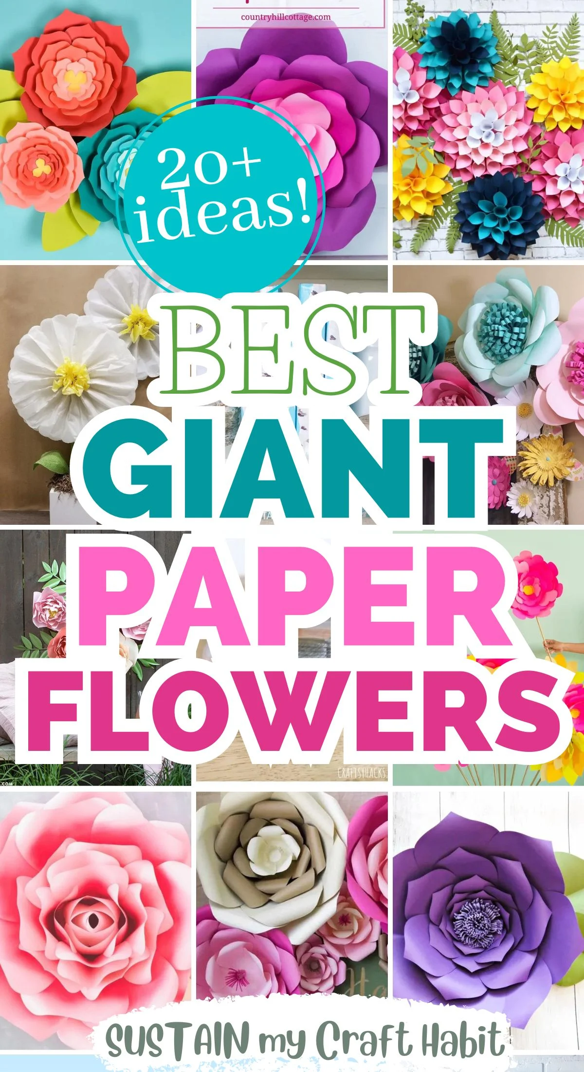 Collage of images with examples of large paper flowers.