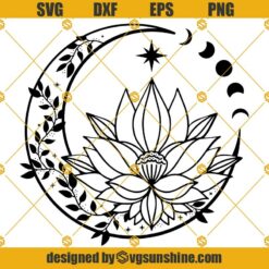 Flower Moon SVG, Moon Lotus SVG, Crescent Moon SVG, Floral Crescent Moon SVG