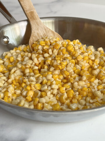 This image shows Honey Butter Corn cooked in a skillet, ready to serve.