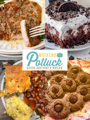 This is a 4 image collage showing a photo of each recipe featured this week - German Chocolate Blossom Cookies, Loaded Jiffy Cornbread, Oven Baked Pork Chops and Oreo Pudding Poke Cake.