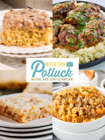 This is a 4 image collage showing a photo of each recipe featured this week -German Rouladen, Zucchini Apple Pie Bars, Homemade Hamburger Helper and God Bless America Cake.