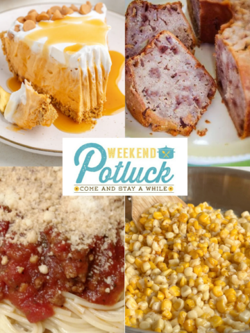 This is a 4 image collage showing a photo of each recipe featured this week - Apple Walnut Cream Cheese Pound Cake, Freezer Spaghetti Sauce, No Bake Butterscotch Pie and Skillet Honey Butter Corn.