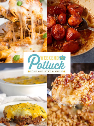 This is a 4 image collage showing a photo of each recipe featured this week - Meatloaf Casserole, Stovetop Candied Sweet Potatoes, Easy Baked Rigatoni with Ground Beef and Crock Pot Apple Crisp.