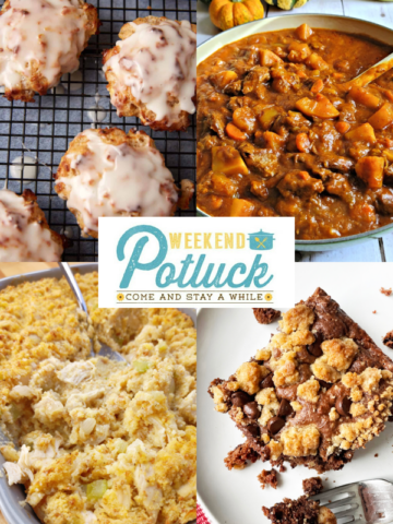 This is a 4 image collage showing a photo of each recipe featured this week -Baked Apple Fritters with Double Glaze, Autumn Harvest Beef Stew, Chocolate Coffee Cake and Chicken & Dressing Casserole.