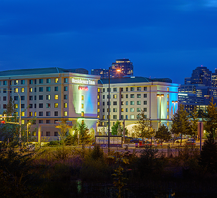 exterior of hotel at night time