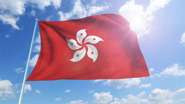 Hong Kong flag with fabric structure against a cloudy sky (loop) 