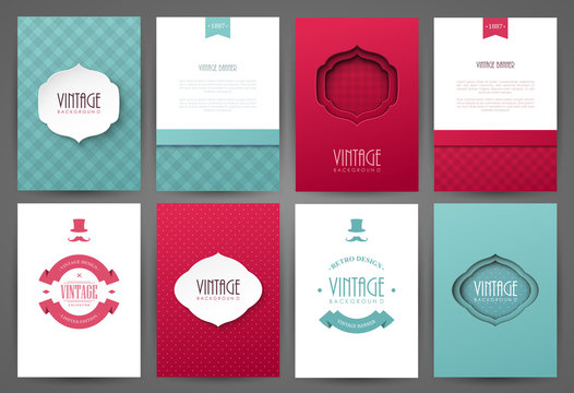 Set of brochures in vintage style. Vector design templates. Vintage frames and backgrounds.