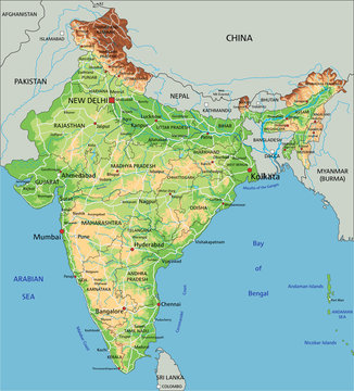 High detailed India physical map with labeling.