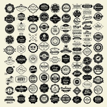 100 Labels and Logotypes design set. Retro Typography, Premium Quality design. Badges, Logos, Borders, Arrows, Ribbons, Icons.