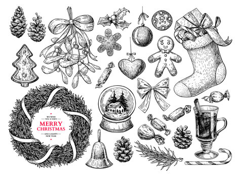 Christmas object set. Hand drawn vector illustration. Xmas icons