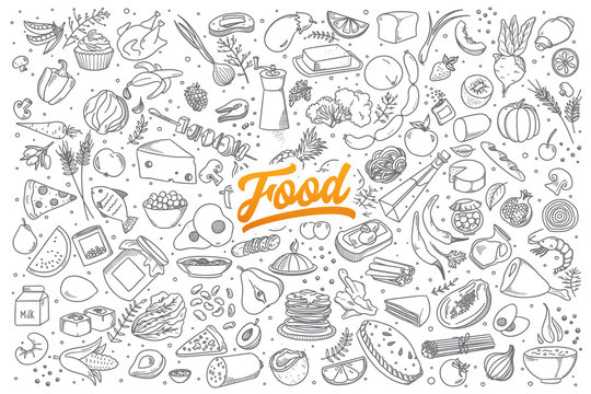 Hand drawn set of healthy food ingredient doodles with lettering in vector