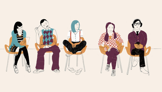 Five people sitting on chairs in a row