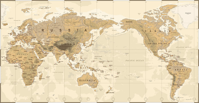 Vintage Political Physical Topographic World Map Pacific Centered