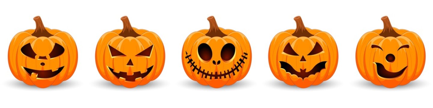 Set pumpkin on white background. The main symbol of the Happy Halloween holiday. Orange pumpkin with smile for your design for the holiday Halloween. Vector illustration.