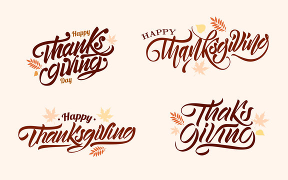 Set of happy thanksgiving day in lettering style with autumn leaves. Vector illustration design.