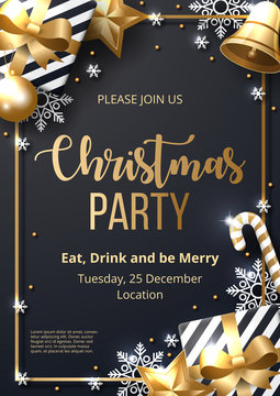 Christmas party poster template with shining gold and white ornaments. Made of snowflakes, gift, candy, bells, star, christmas ball. Vector illustration 