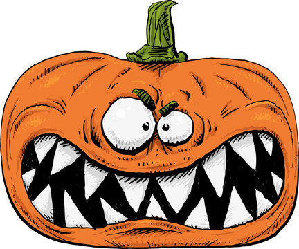 A growling, cartoon pumpkin face with sharp, dangerous teeth.