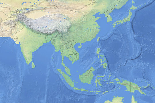 Physical map of countries in South East Asia - detailed topography in geographic coordinate system