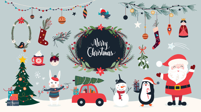 Christmas collection of seasonal elements with Santa and snowman, hand drawn items, vector design