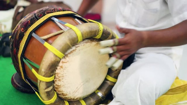 Man Playing Indian Musical Instrument 'Tabla' (Slow Motion Shot) South India