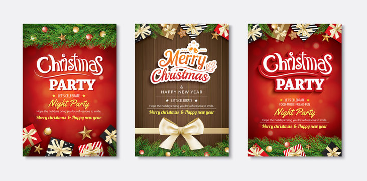 Merry christmas greeting card and party invitations on red background. Vector illustration for happy new year flyer brochure design.