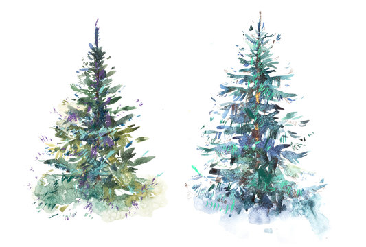 Decorated christmas tree New year Watercolor illustration Water color drawing