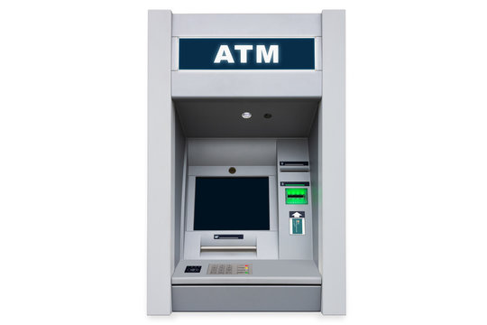 ATM cash machine with empty screen and contactless payment card support isolated on white background with pail shadow