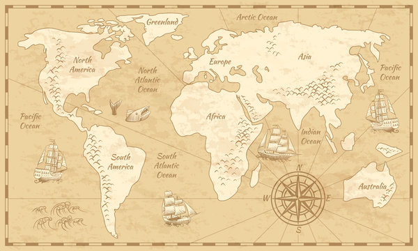 Vintage world map. Ancient world antiquity paper map with continents ocean sea old sailing vector globe background