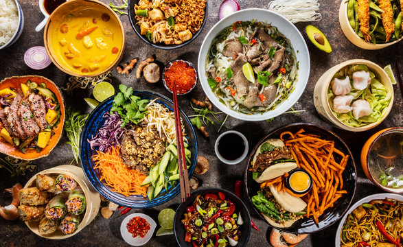 Top view composition of various Asian food in bowl