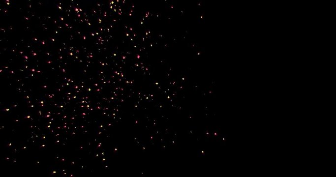 Confetti explosion in 3d space with freezing  bullet time moment. Bright pop, modern colors with glow and shine. Sci-fi footage with tiles explosion for celebration