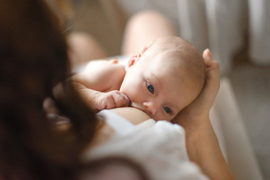 Breast-feeding. Red-haired beautiful mother breastfeeds a newborn baby. Natural looking photos