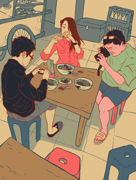 Illustration of people taking pictures of food in Chinese restaurant