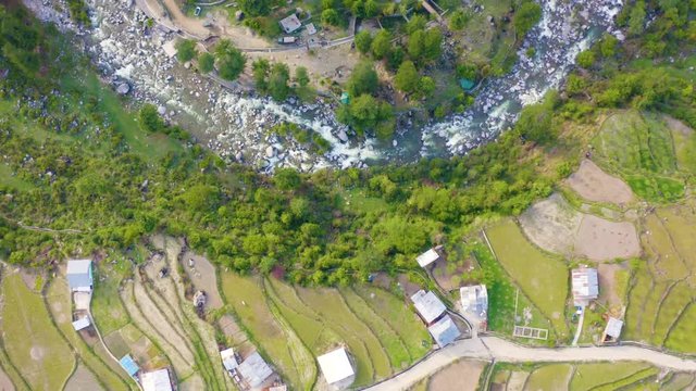 Epic aerial shot of River and farming