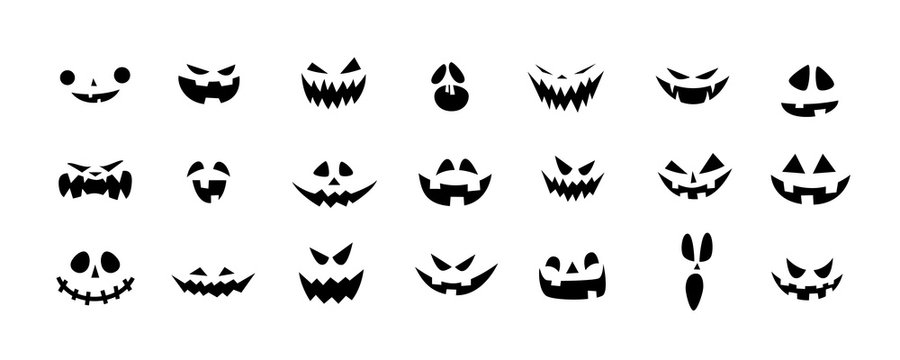 Set of Halloween scary pumpkins cut. Spooky creepy pumpkins cut