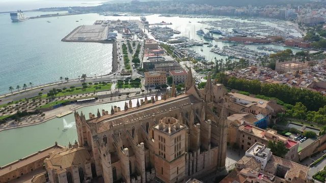 Aerial drone video footage Famous Cathedral La Seu in Palma de Mallorca Spain