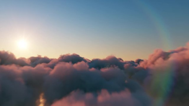 Beautiful realistic flight over cumulus lush clouds at sunset