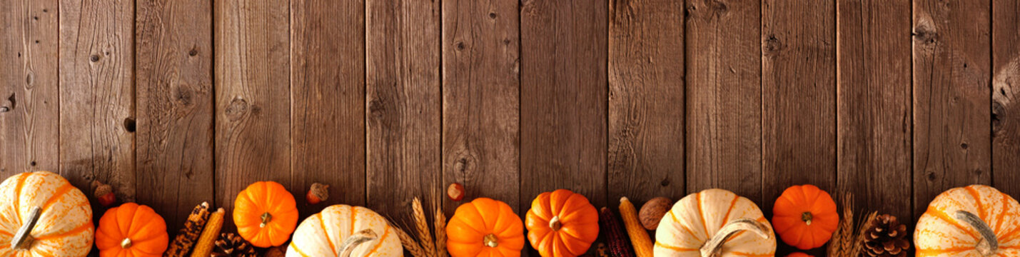 Autumn bottom border banner of pumpkins and fall decor on a rustic wood background with copy space