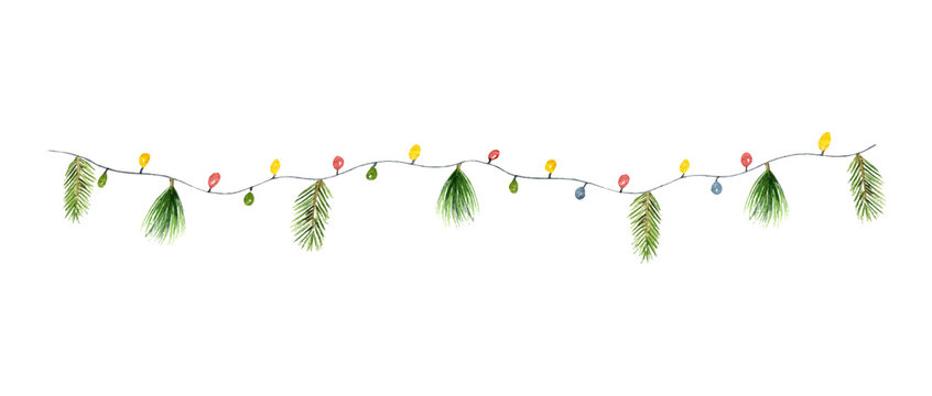 Watercolor vector Christmas colorful garland with lights and fir branches.