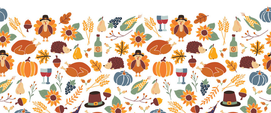 Thanksgiving seamless vector border. Autumn food roast turkey corn wine pumpkin family dinner greeting card repeating pattern design. Harvest festival. Fall party invitation banner. Happy Thanksgiving