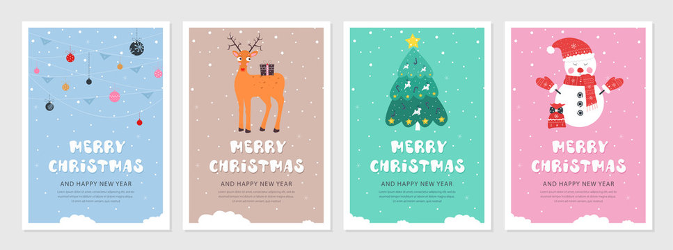 Set of Christmas and New year snow postcards. Flat holiday postcard template. Collection color postcards with deer, christmas tree, christmas decoration and snowman