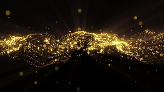 4k video. Looped animation. Wave pattern. Dotted lines. Neon waves. particles background. Seamless loop. Bokeh lights. Gold glitter. 3840x2160