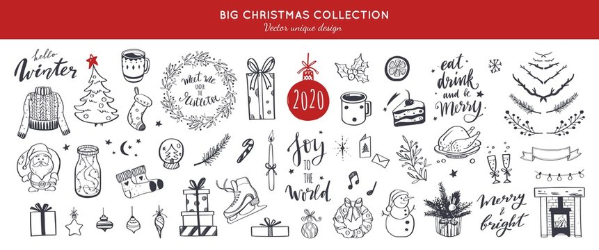 Big Merry Christmas and happy New Year festive vector collection. Different hand drawn doodle elements, Christmas tree, fireplace, coxy sweater, Winter holidays attributes. Handwritten Lettering.