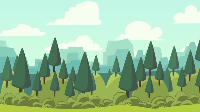 Looped landscape animation with mountains and forest landscape, cartoon scene for games	