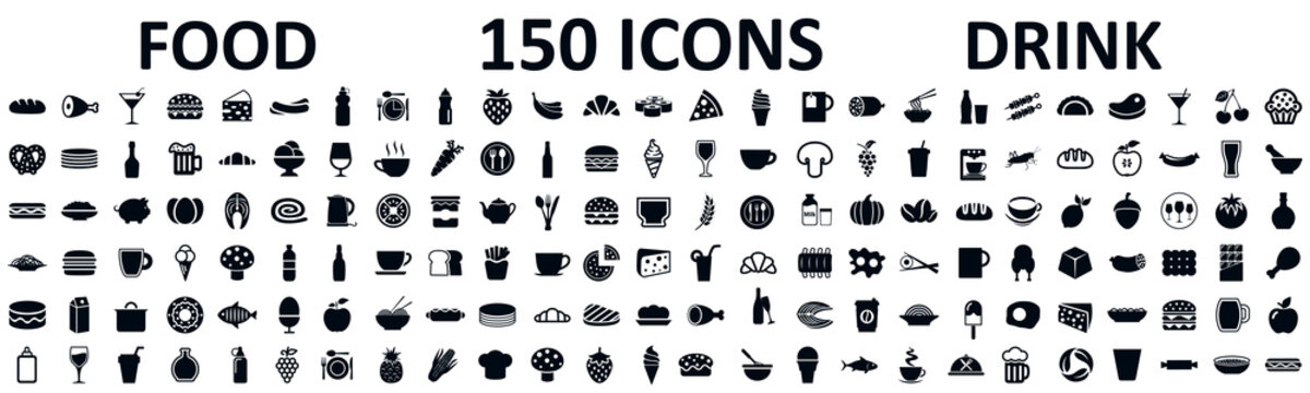 Food and drinks set 150 icons for menu, infographics, design elements – stock vector